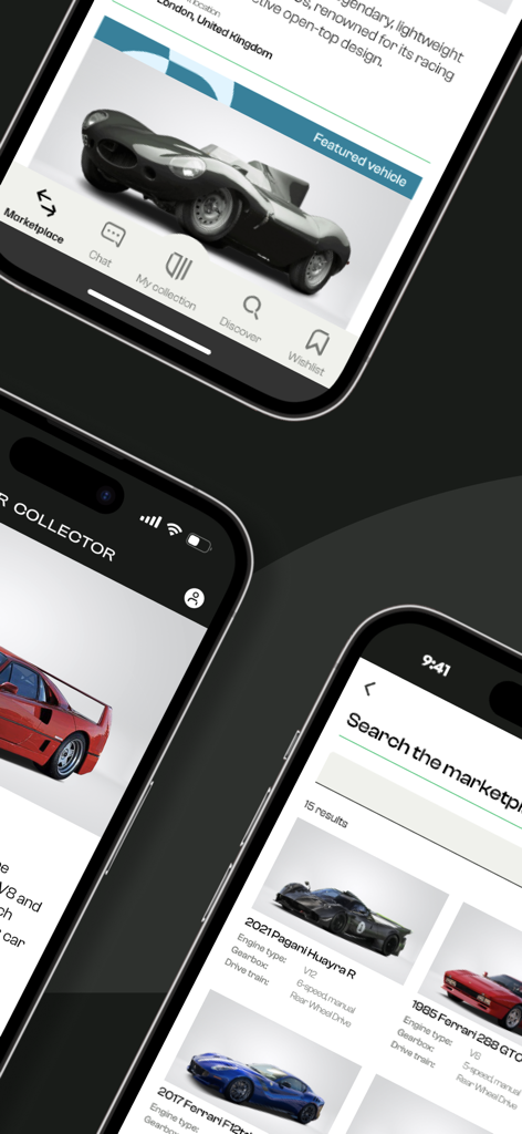 Car Collector - Three iPhone screens showing the Car Collector app interface featuring luxury vehicles and marketplace search results.