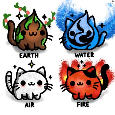 4 cats that represent the different elements, earth, water, air, and fire
