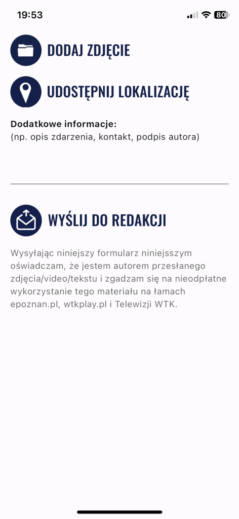 epoznan.pl - Interface of the epoznan.pl app to add photos, share location, and send reports to the editorial team.