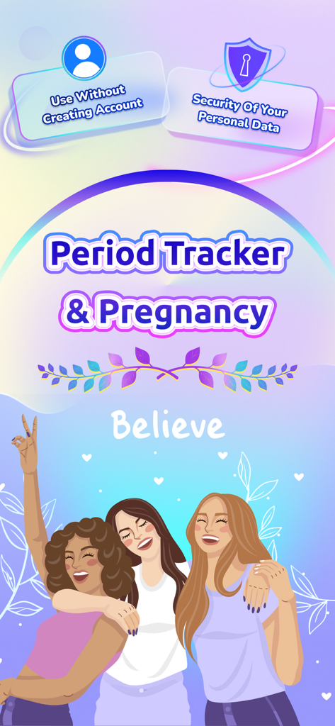 다양한 여성들과 데이터 보안 및 계정 불필요 사용을 강조하는 Period Tracker and Pregnancy 앱의 소개 화면.