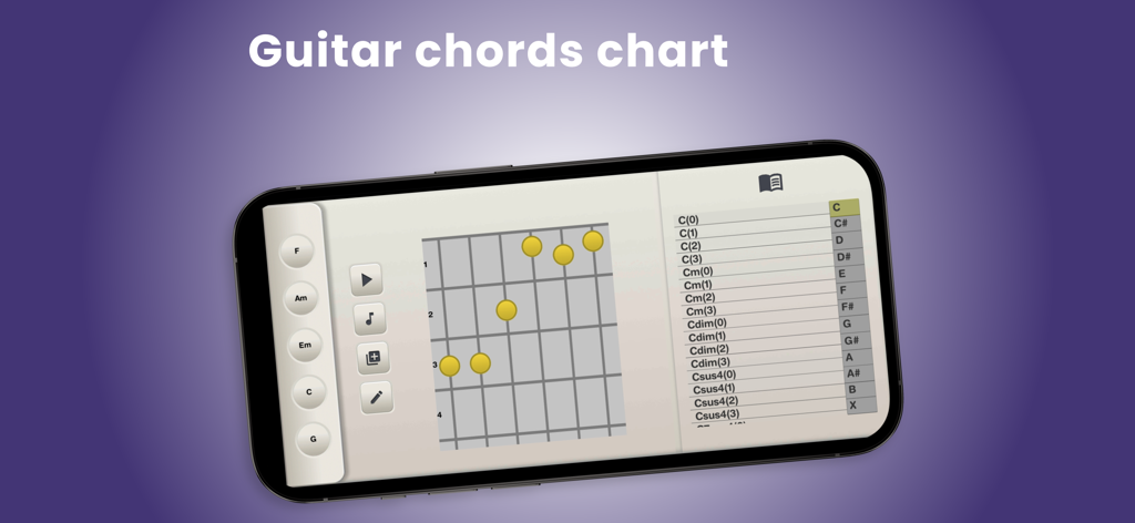 Um smartphone exibindo um gráfico de acordes de guitarra e um diagrama de posicionamento dos dedos dentro da interface do aplicativo.