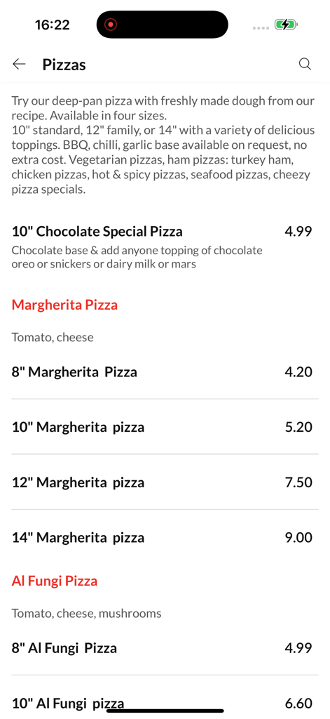 Cheezy Pizza - Digital menu of the Cheezy Pizza app showing diverse pizza options and pricing