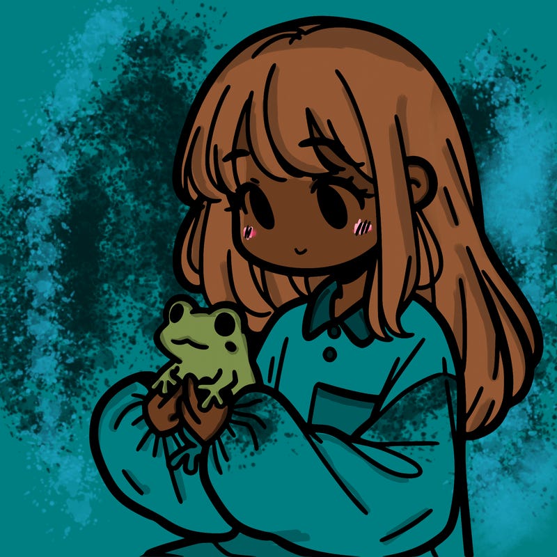 girl with long hair and a oversized shirt. and she is holding a frog