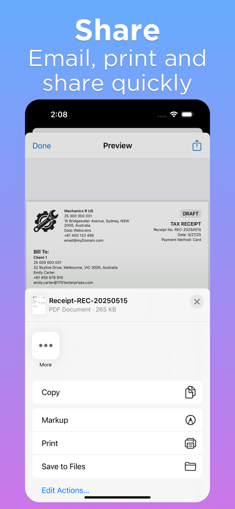 Receipt Maker Generator - iPhone share menu for a professional PDF receipt within the Receipt Maker app