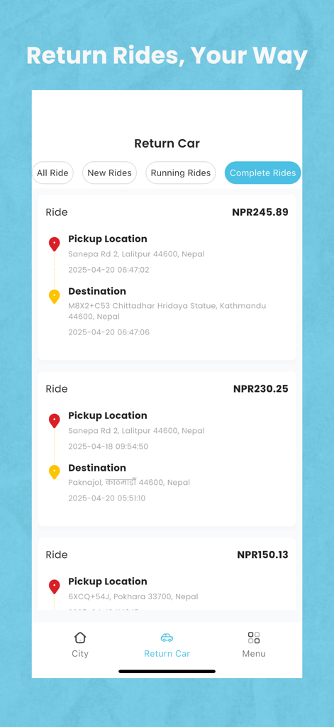 Move In Driver - Move In Driver app interface showing a list of completed rides with pickup locations and trip details in Nepal