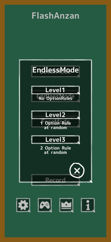 Flash Anzan Brain Training - Pantalla de selección de nivel de dificultad del modo infinito en la aplicación Flash Anzan.