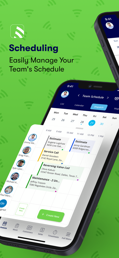 FieldPulse mobile app screen showing team scheduling and job dispatch management for service contractors