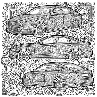 Explore a collection of stylish sedan cars, each adorned with mesmerizing Zentangle patterns, perfect for teen artists. This unique coloring page offers a complex and rewarding artistic challenge.