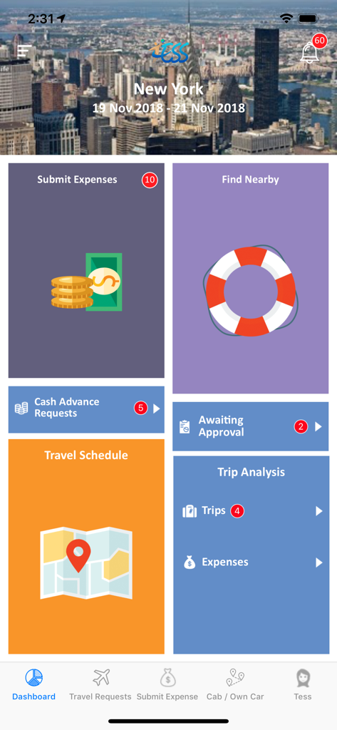Dashboard of Tess360 mobile app showing business travel and expense management features