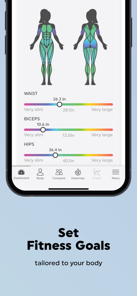 Interface showing 3D body scans and precise girth measurements for waist biceps and hips
