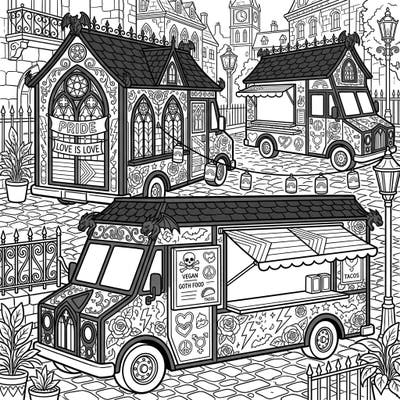 Roll into a uniquely creative coloring adventure featuring gothic food trucks celebrating Pride Month. This intricate design blends dark aesthetics with symbols of love and diversity for an engaging experience.