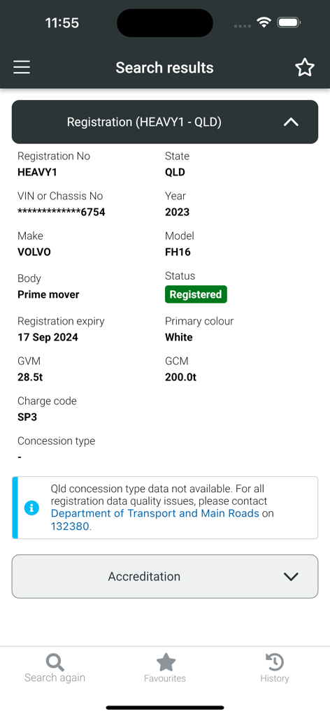Search results screen of the NHVR Registration Checker app displaying registration details and status for a heavy vehicle.