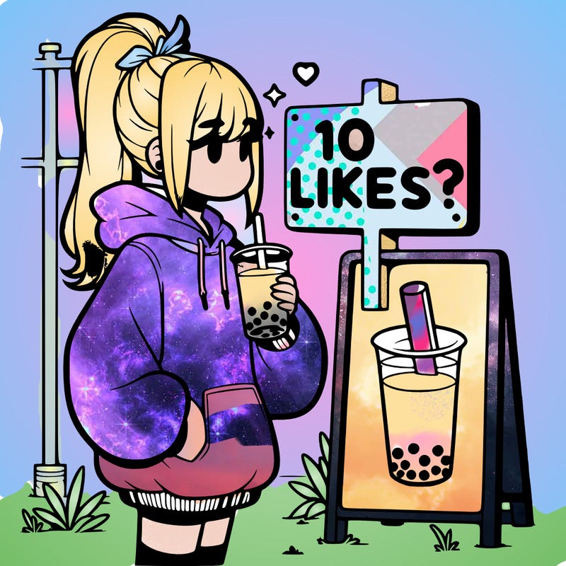 girl with oversized hoodie drinking boba and she has a high ponytail with a sign that says 10likes?