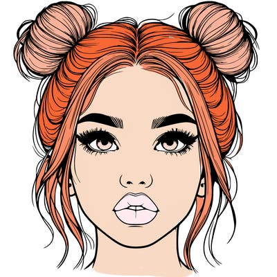 realistic girl with two buns on her hair and lips