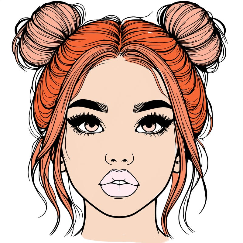 realistic girl with two buns on her hair and lips
