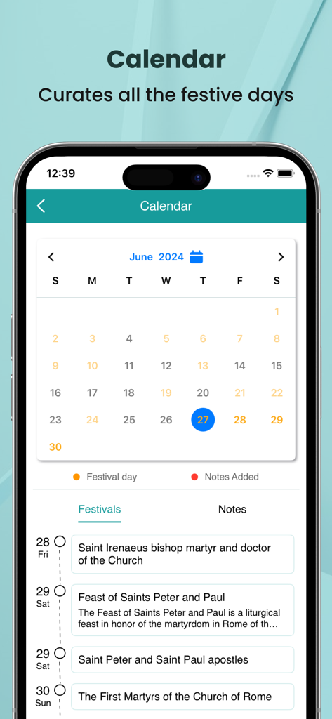 KJV Apocrypha - KJV伪经应用程序日历界面，显示宗教节日和庆节日