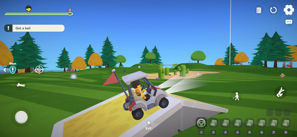 Super Battle Golf - Un personaje conduciendo un carrito de golf por una rampa en un campo de golf estilizado en Super Battle Golf.