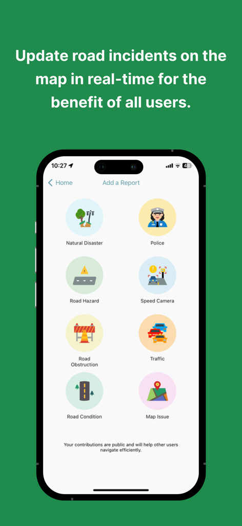 Baato Maps - Mobile interface of Baato Maps app displaying options to report road incidents like traffic, road hazards, and police sightings.