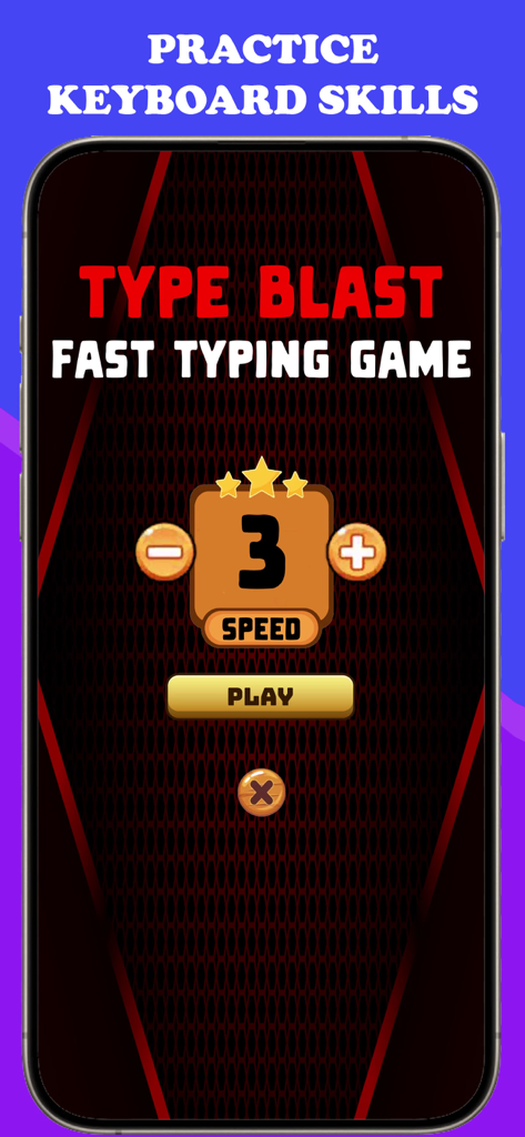 Type Blast: Fast Typer Club - Main menu of the Type Blast fast typing game showing a speed level selector and play button for keyboard practice