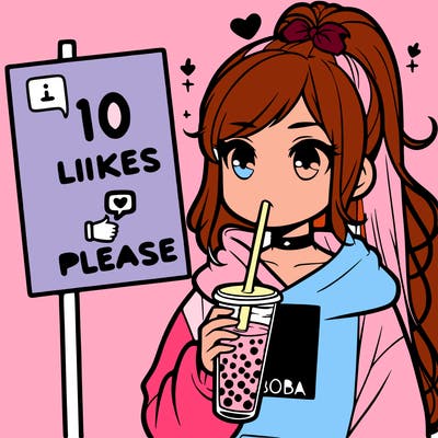 girl with a high ponytail and a hoodie drinking boba staring at a sign saying 10 likes please