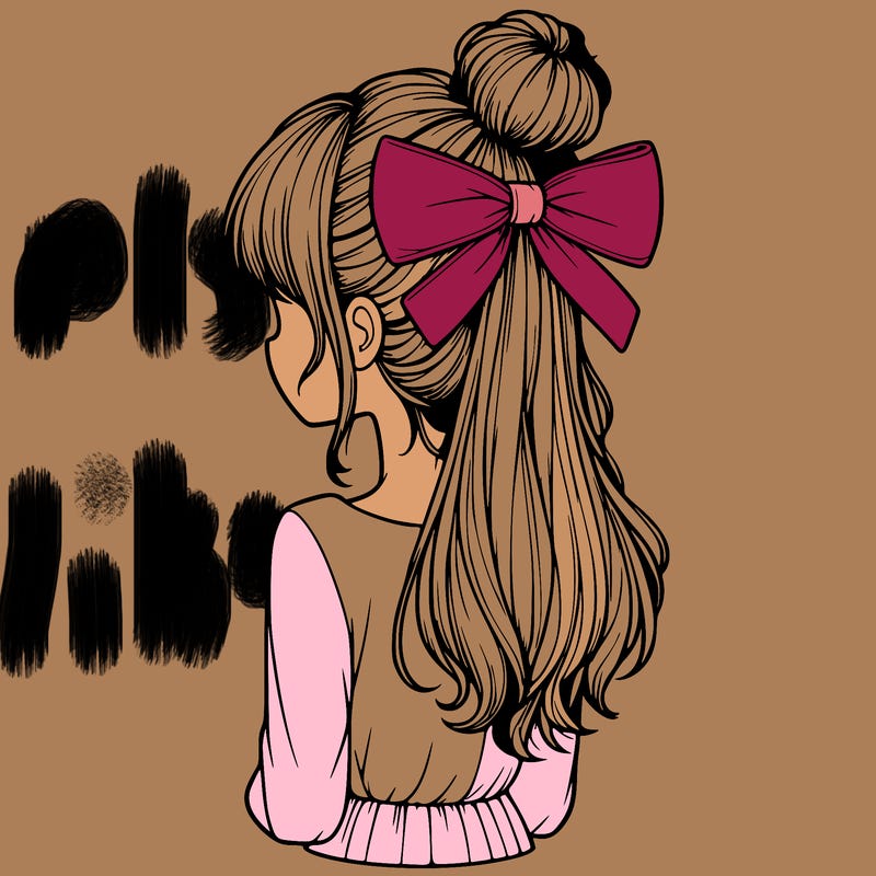 realistic girl  with hip length hair a bun and a big bow on the back of head