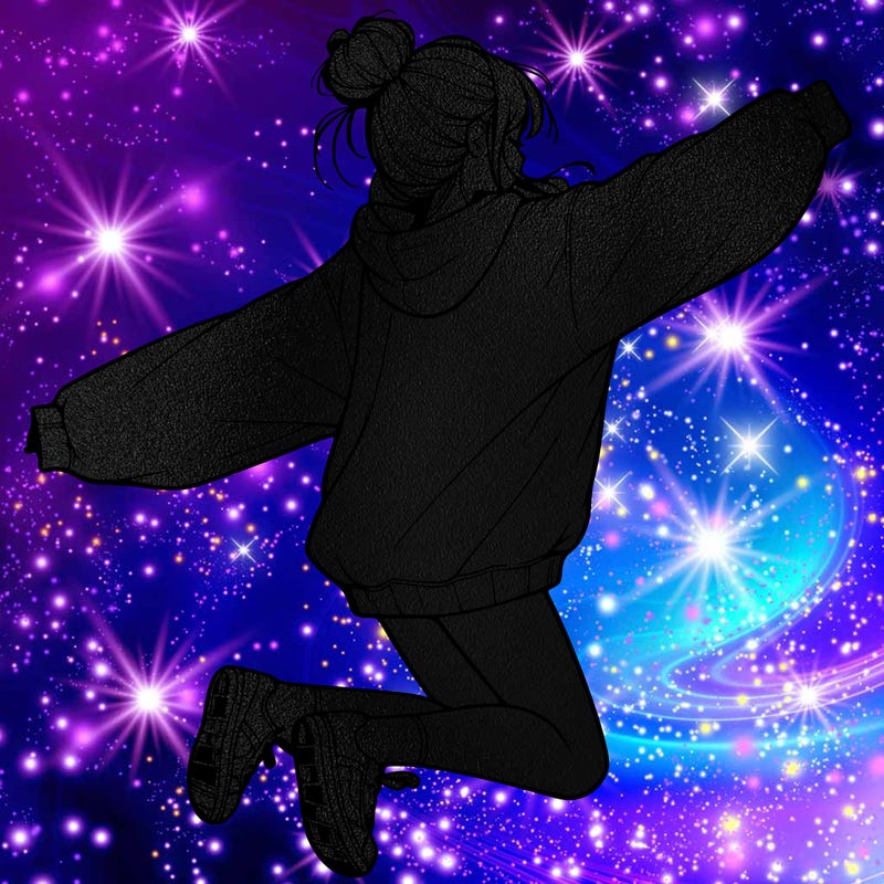 realistic girl jumping with a bun and oversized sweatshirt