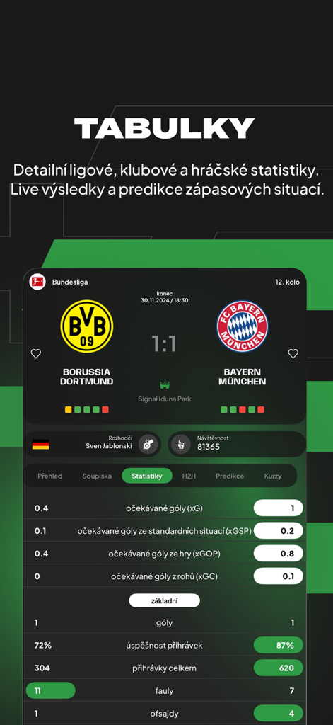 A detailed soccer match statistics screen for a Bundesliga game showing expected goals and passing accuracy