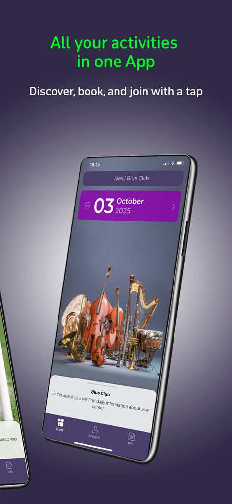 BookyWay Mobile-App-Bildschirm, der Aktivitätsbuchungsoptionen und einen Kalender für eine Musikschule zeigt.