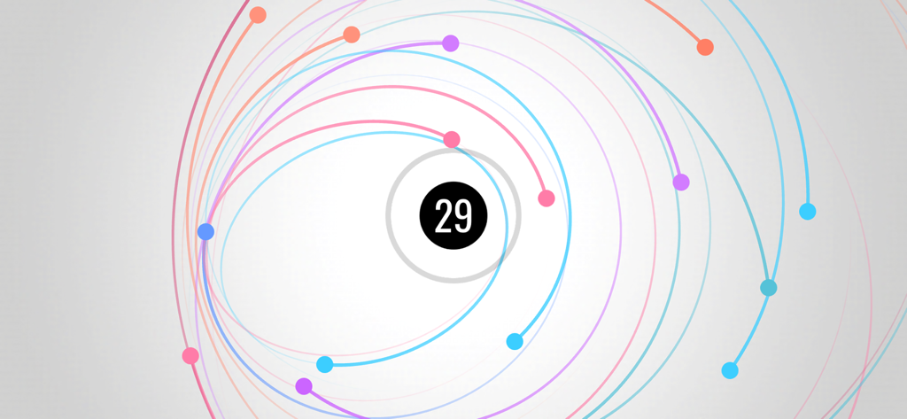 Hipnotizantes estelas de planetas de colores orbitando un agujero negro central en el juego Orbit