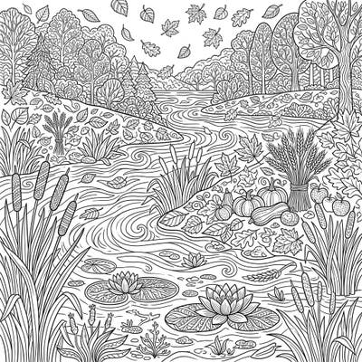 Immerse yourself in the beauty of autumn with this detailed coloring page featuring a serene river landscape. Discover a rich tapestry of river plants, falling leaves, and festive harvest elements waiting for your creative touch.