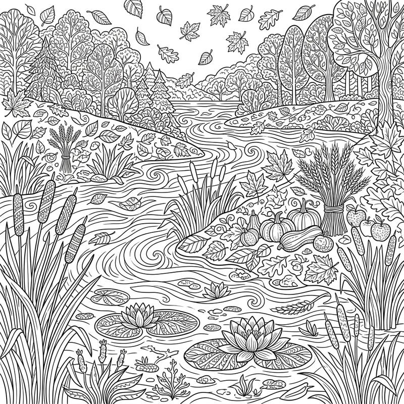Immerse yourself in the beauty of autumn with this detailed coloring page featuring a serene river landscape. Discover a rich tapestry of river plants, falling leaves, and festive harvest elements waiting for your creative touch.
