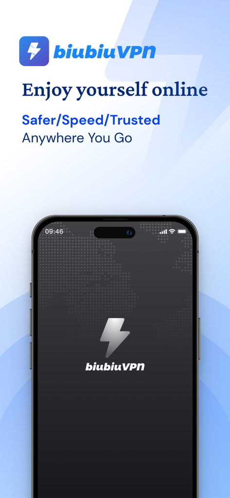 biubiuVPN : VPN - biubiuVPN app welcome screen on iPhone featuring lightning bolt logo