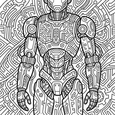 Explore a world of advanced mechanics with this intricate humanoid robot coloring page designed for adults. Its highly detailed patterns and futuristic background promise a captivating and relaxing artistic experience.
