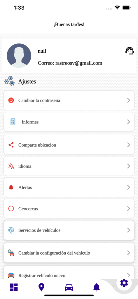 POLARIS GPS - Einstellungen-Bildschirm der POLARIS GPS App mit Optionen für Flottenmanagement wie Berichte, Geofencing und Fahrzeugwarnungen