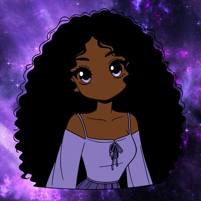a black anime girl with long afro hair
