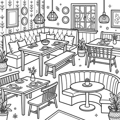 Dive into the world of interior design with this intricate coloring page showcasing diverse dining benches and banquettes. Perfect for those who love furniture and detailed scenes.