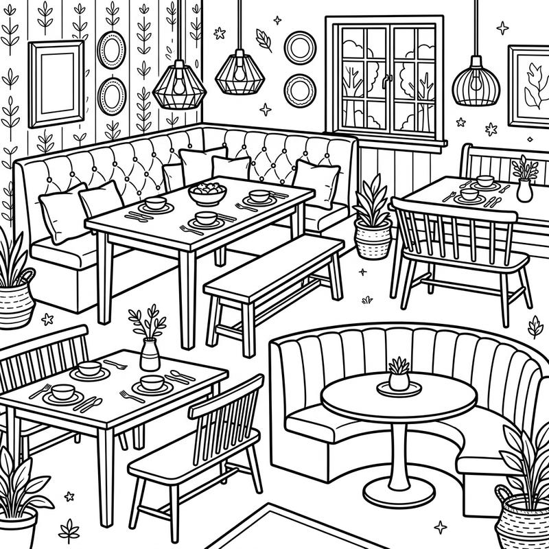 Dive into the world of interior design with this intricate coloring page showcasing diverse dining benches and banquettes. Perfect for those who love furniture and detailed scenes.