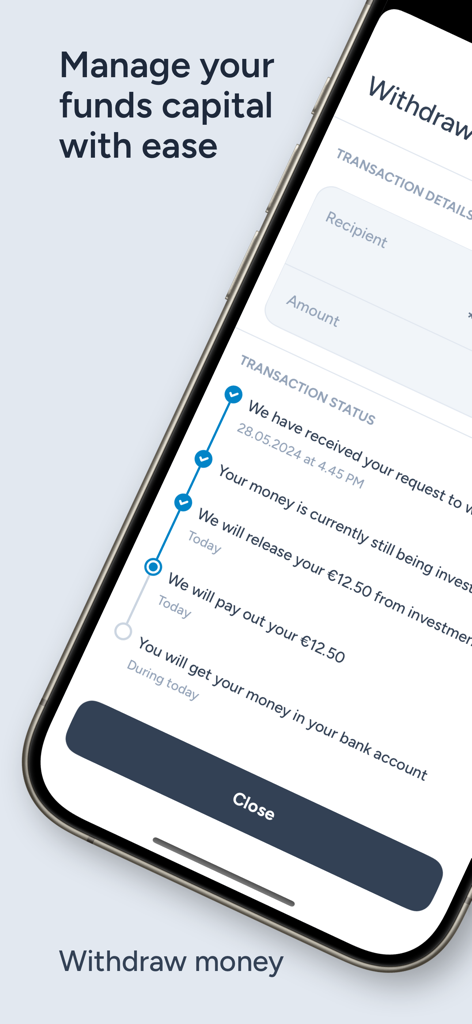 Une interface d'application mobile montrant le statut de la transaction étape par étape pour le retrait des fonds d'investissement.