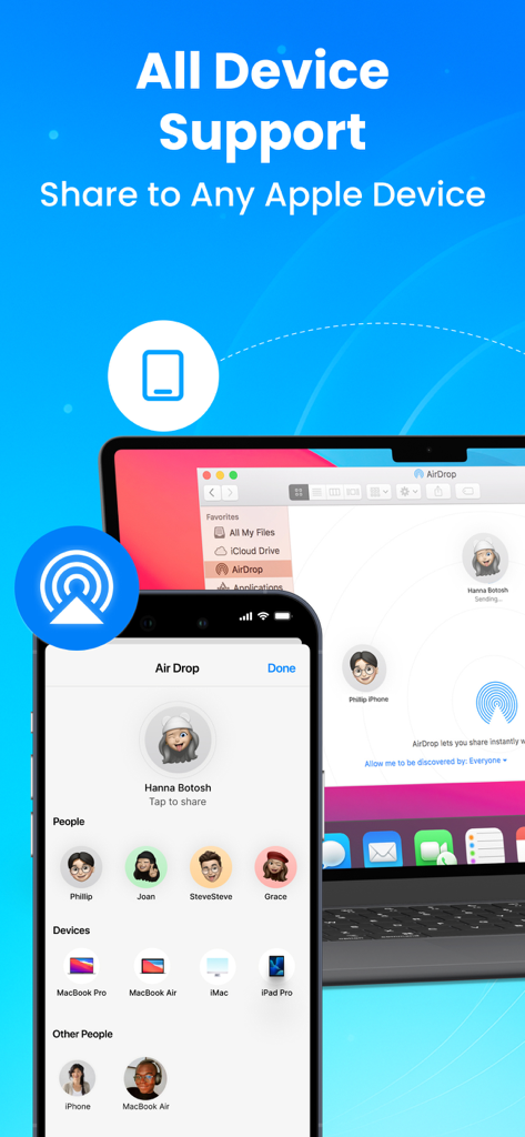 Phone Clone - Copy My Data - Interfaz de la aplicación Phone Clone que muestra soporte de transferencia de datos y uso compartido de archivos para todos los dispositivos Apple, incluidos iPhone y MacBook