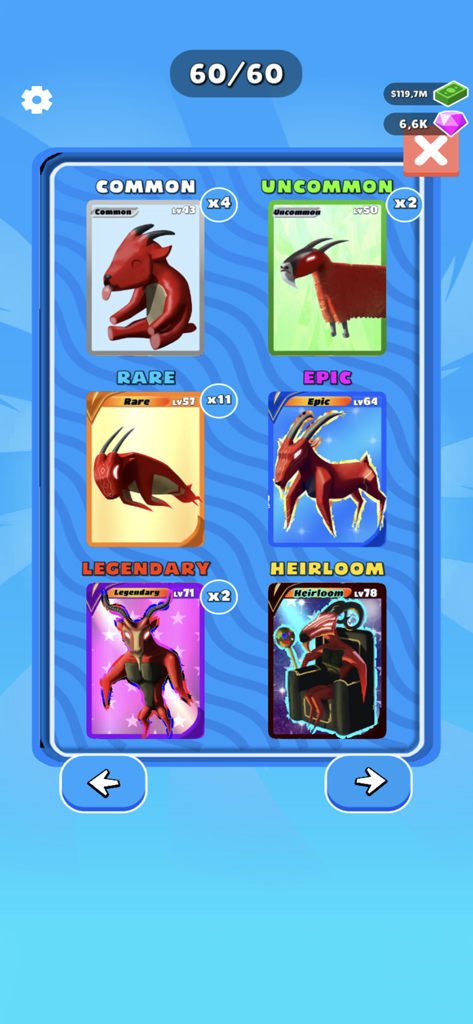 Card collection screen showing various rarity levels from Common to Heirloom with evolved monster cards