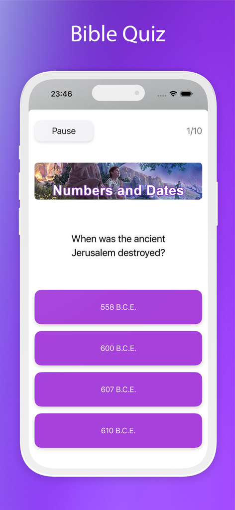 Library Online 2026 - Library Online 2026 Bible Quiz feature showing a multiple choice question about ancient Jerusalem.
