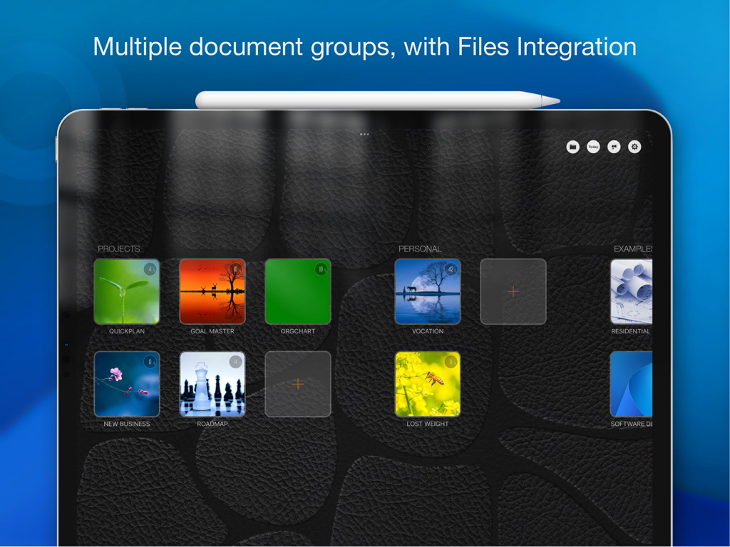 QuickPlan Basic app dashboard on iPad showing multiple project document groups and files integration