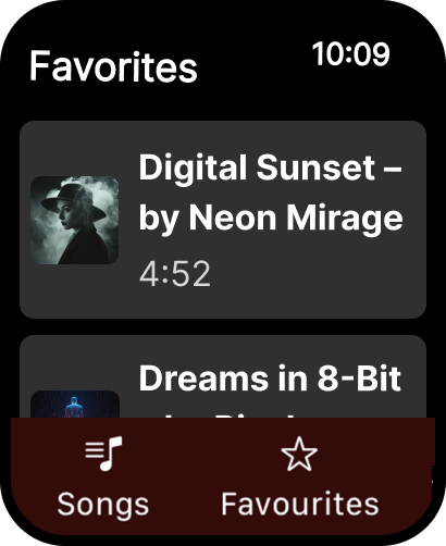 Cloudsy for SoundCloud - Cloudsy app interface on Apple Watch displaying a list of favorite songs from SoundCloud.