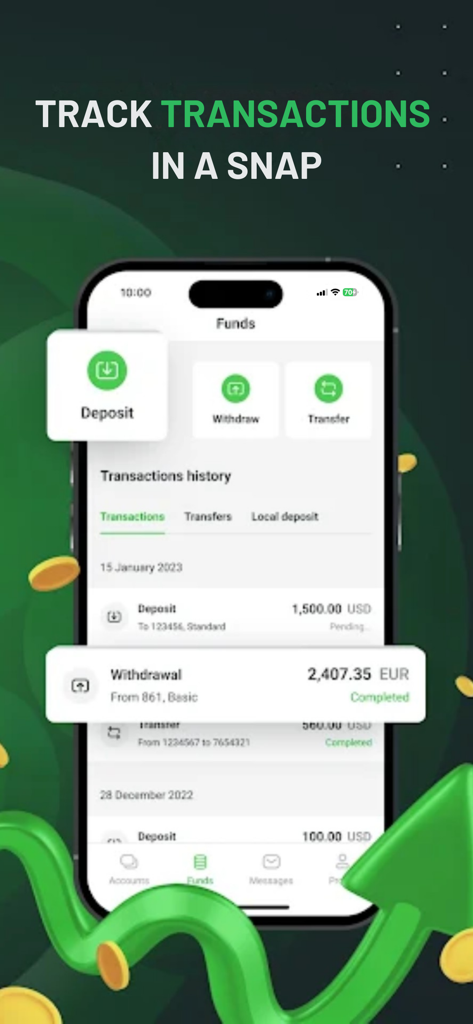 Kato Prime LTD - Historial de transacciones y interfaz de gestión de fondos de la aplicación móvil Kato Prime