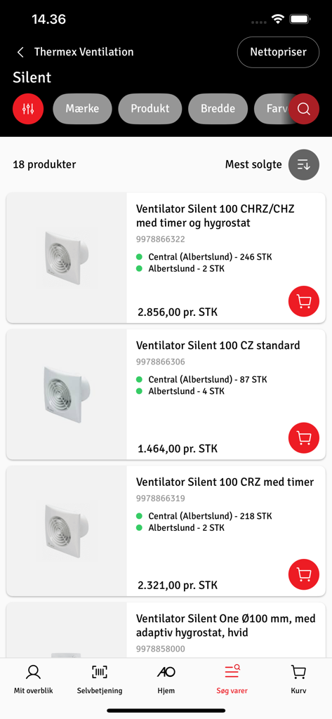 AO Mobil - AO Mobil App-Oberfläche mit einer Liste von Lüftern mit Preisen und Lagerbeständen für professionelle Handwerker