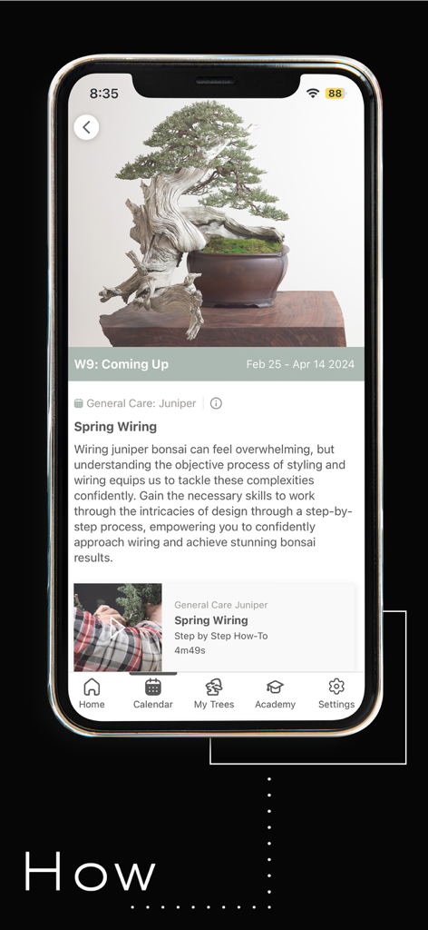 Mirai Mobile - Mirai Mobile App-Oberfläche, die ein Tutorial zum Frühlingsdrahten für einen Wacholder-Bonsai-Baum zeigt