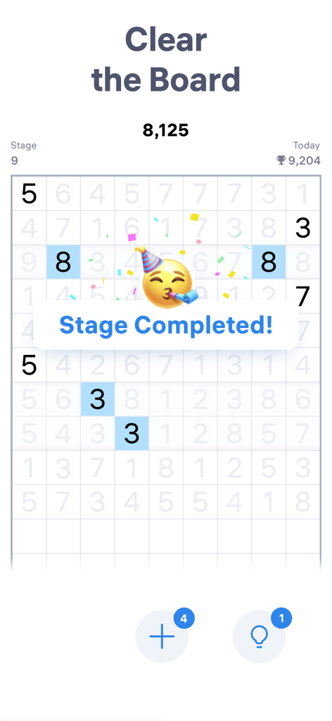 Number Match - Numbers Game - Schermata del gioco di puzzle Number Match che mostra un messaggio di fase completata con un emoji celebrativo