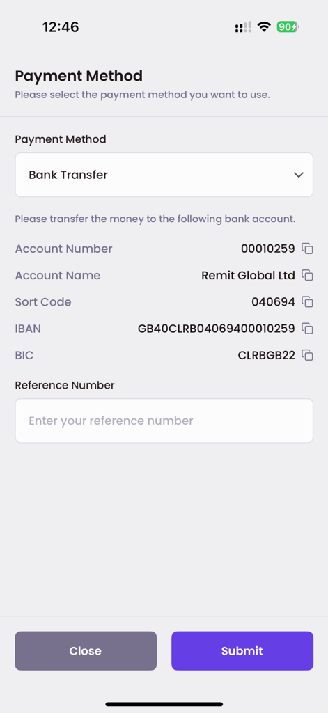 Yonna Global app screen showing bank transfer payment method details including IBAN and account number