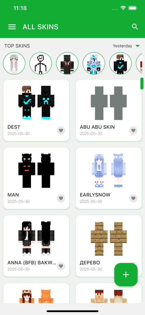 Die World of Skins App-Galerie zeigt ein Raster von Minecraft-Charakter-Skins