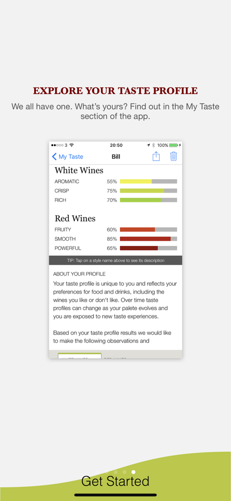 Tela do aplicativo Pocket Wine mostrando um perfil de sabor de vinho personalizado com preferências de vinho tinto e branco